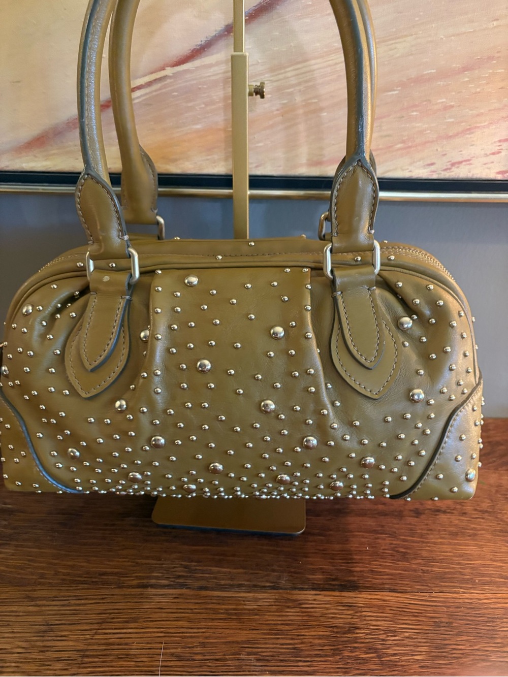 Burberry Orchard Studded Olive Leather Bowling Satchel Bag - Picture 9 of 17